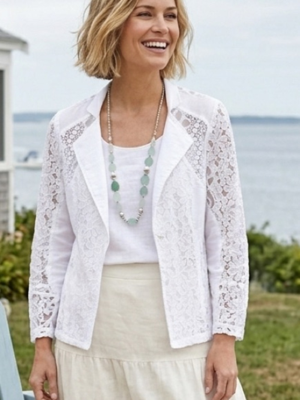 Chico's White Mixed Media Lace Boho Mesh Open Front Cardigan Jacket - Size 1